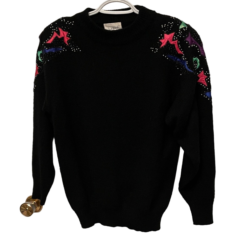 Vintage 1980’s Jessica Black Sweater with Vibrant Patterns On Shoulders Size M